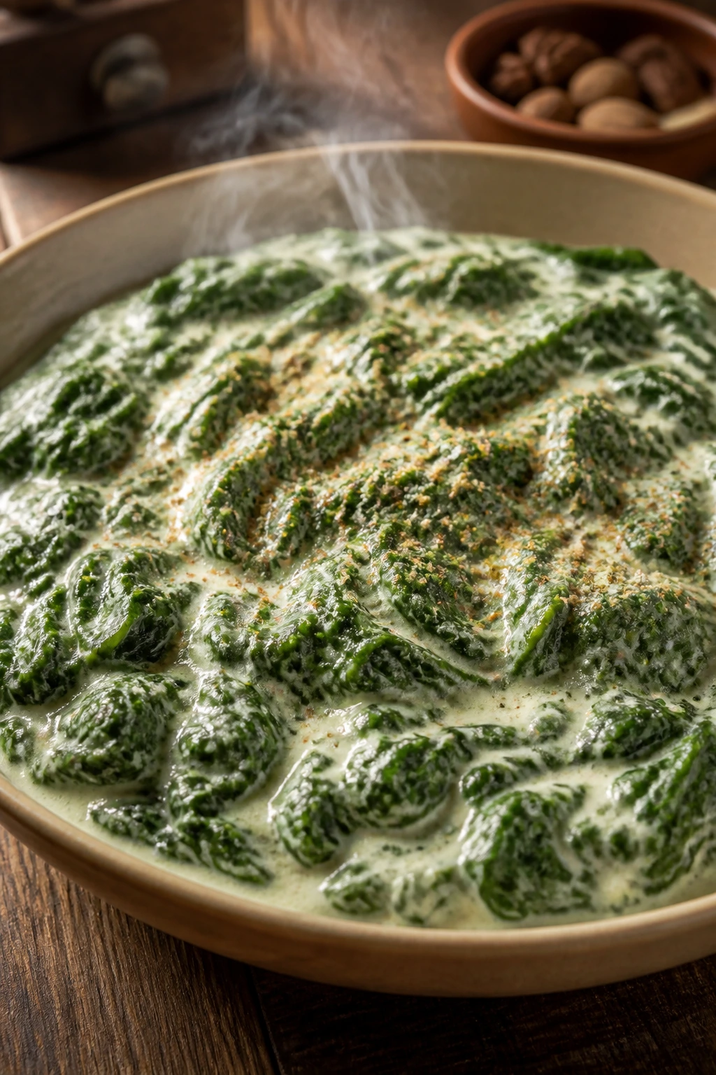 Creamed spinach with a pinch of nutmeg in a bowl