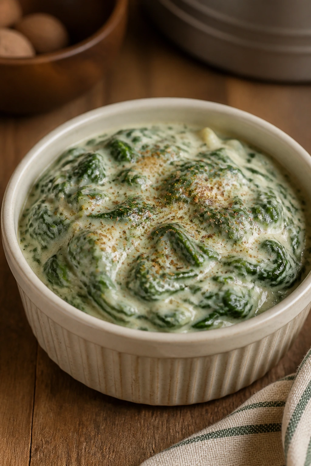 Velvety creamed spinach with Parmesan and nutmeg dusting in a ramekin