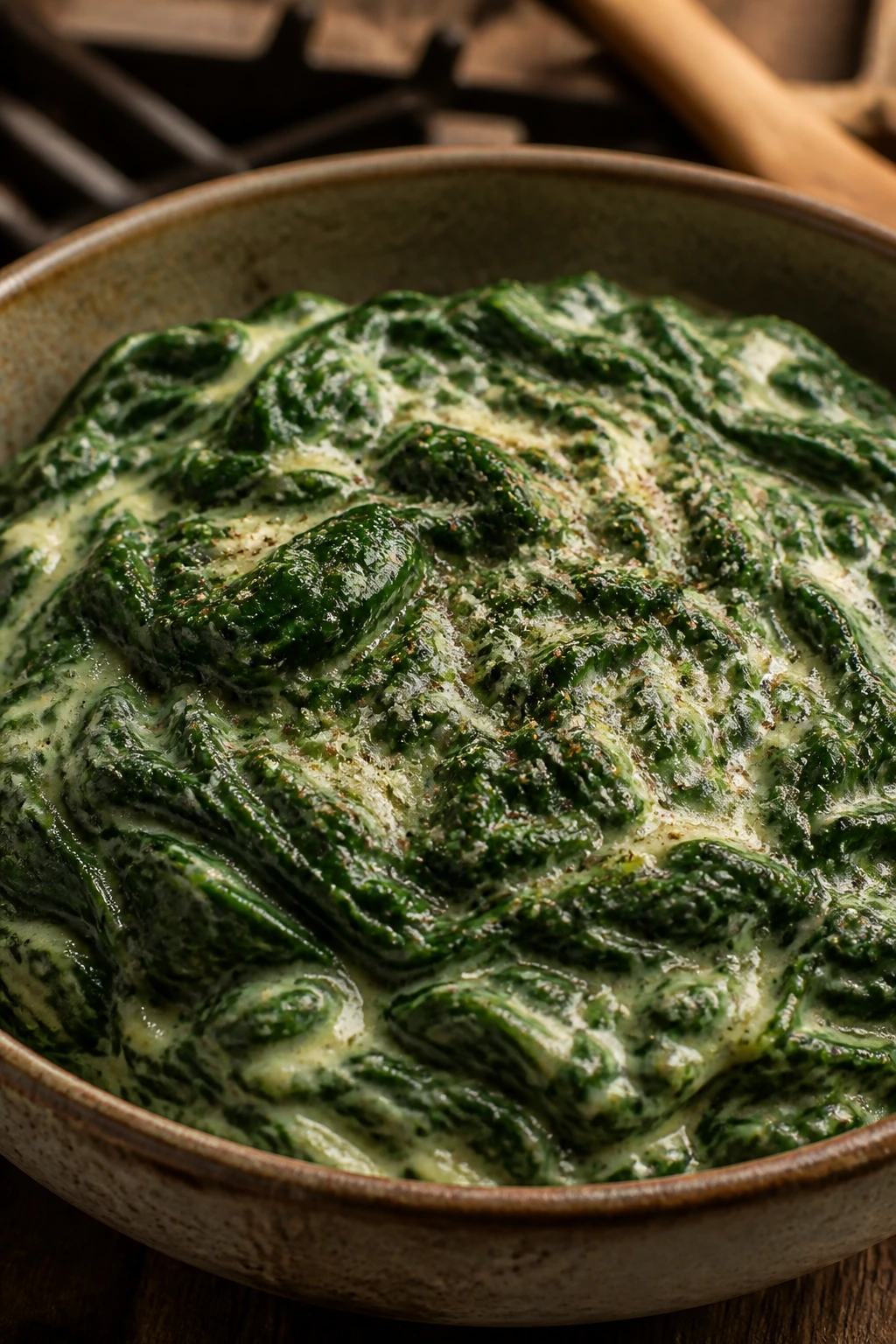 Silky creamed spinach in a rustic bowl with nutmeg and parmesan