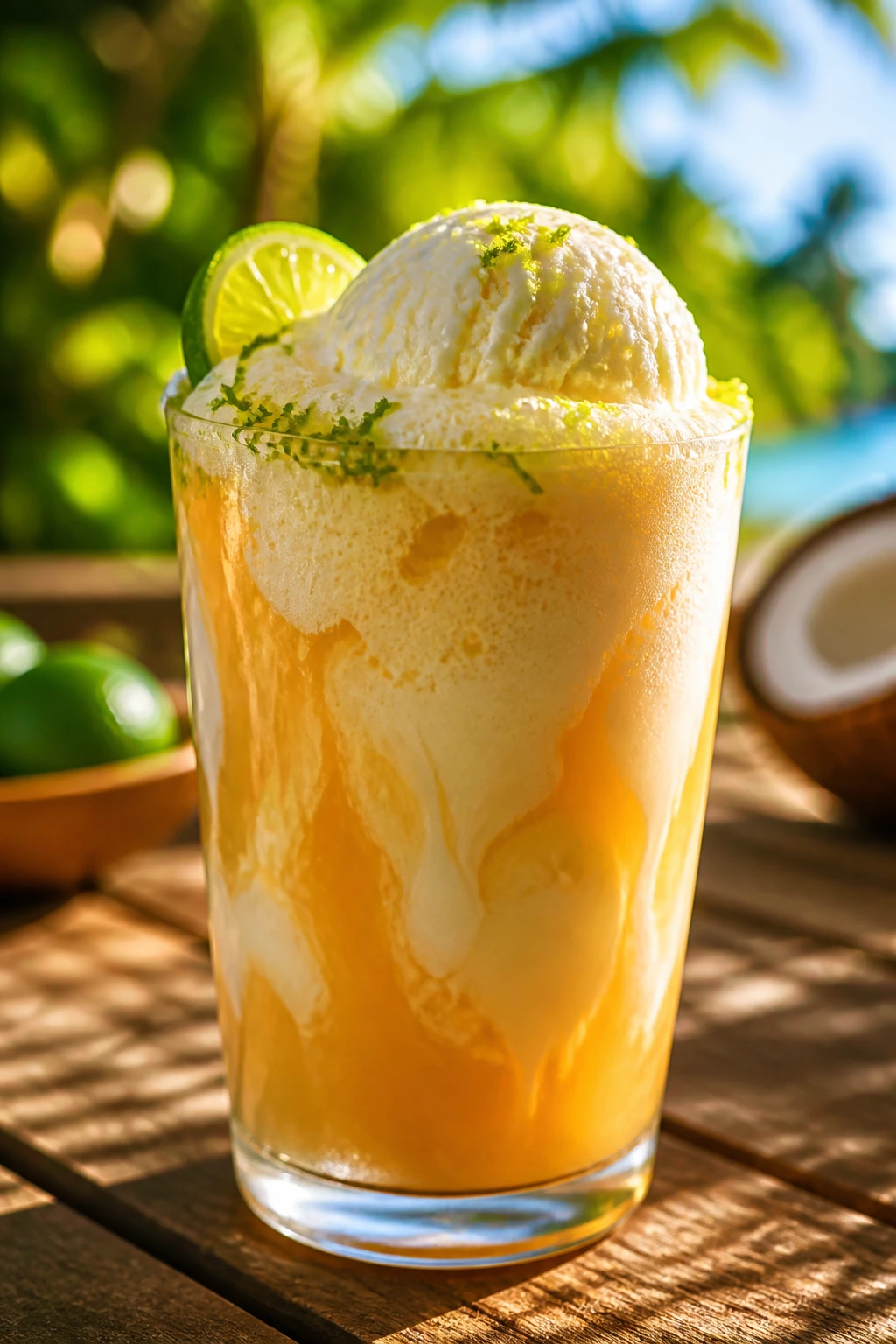 Close-up of a creamy coconut-lime creamsicle float in a tall glass with vanilla ice cream on top