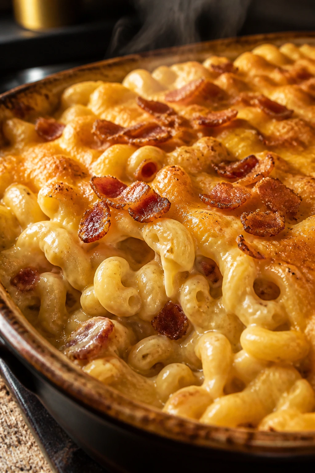 Creamy macaroni and cheese with bacon bits