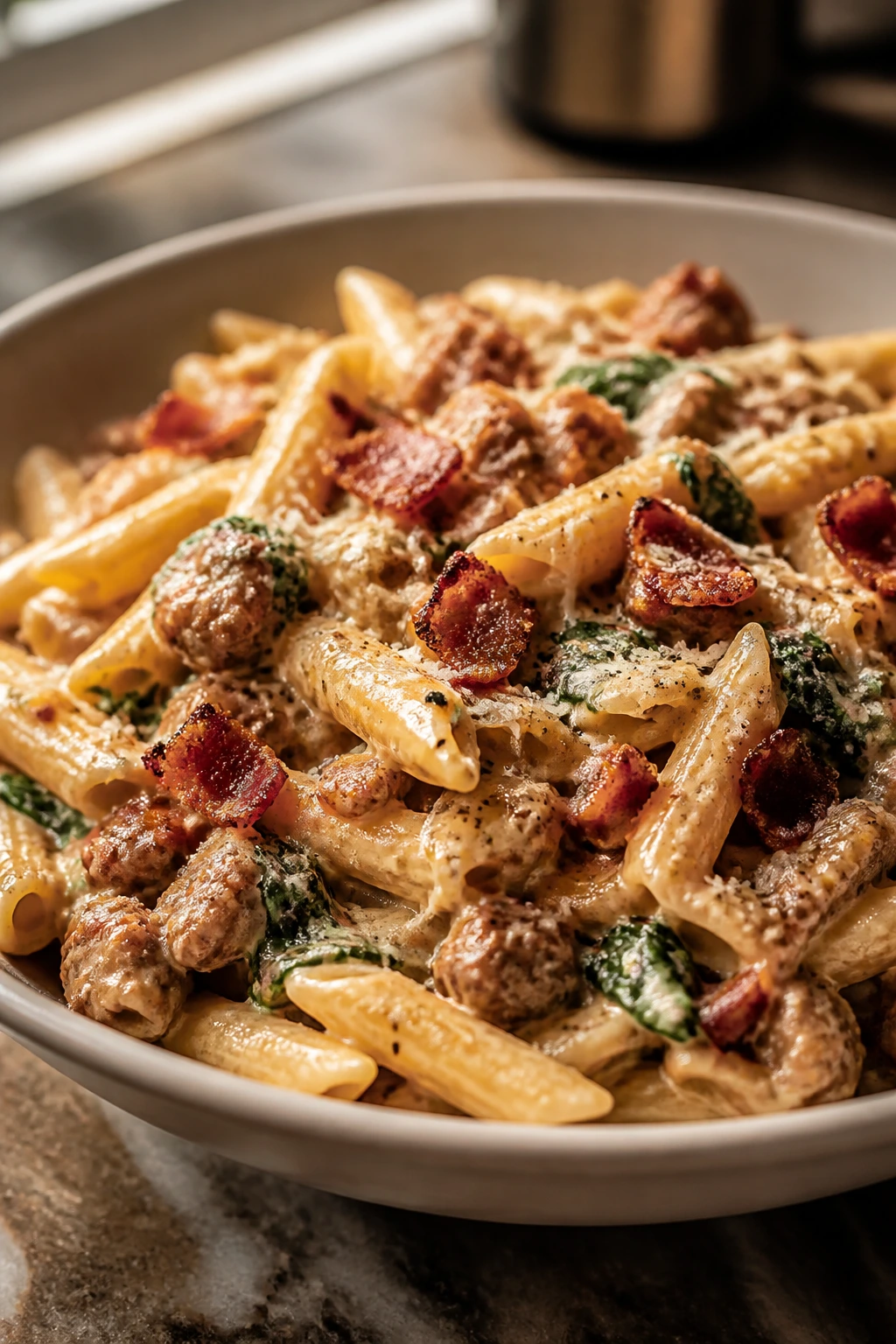 Creamy pasta with bacon and sausage in a bowl
