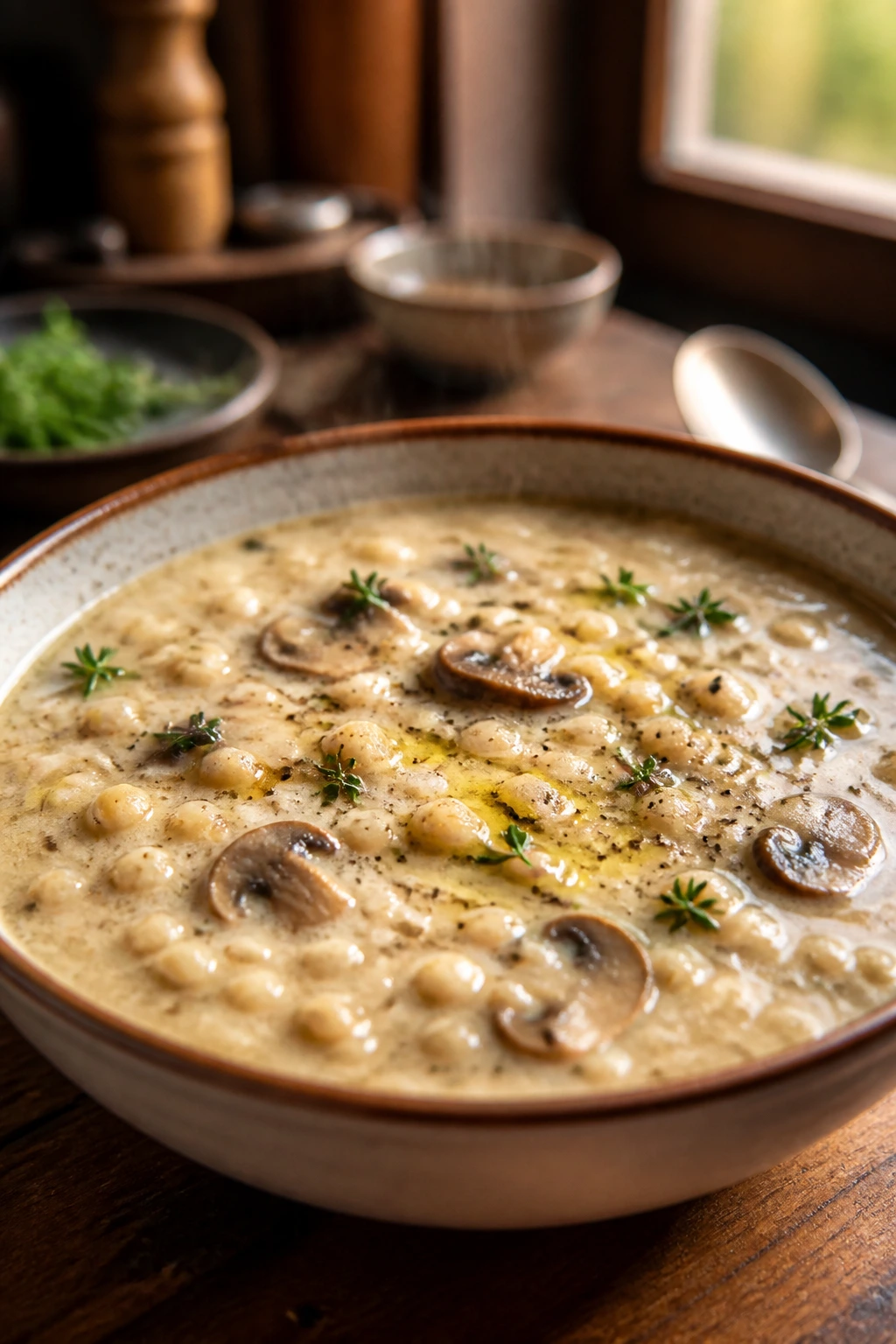 Close-up of a steaming bowl of creamy barley soup in a white dish on a rustic wooden counter