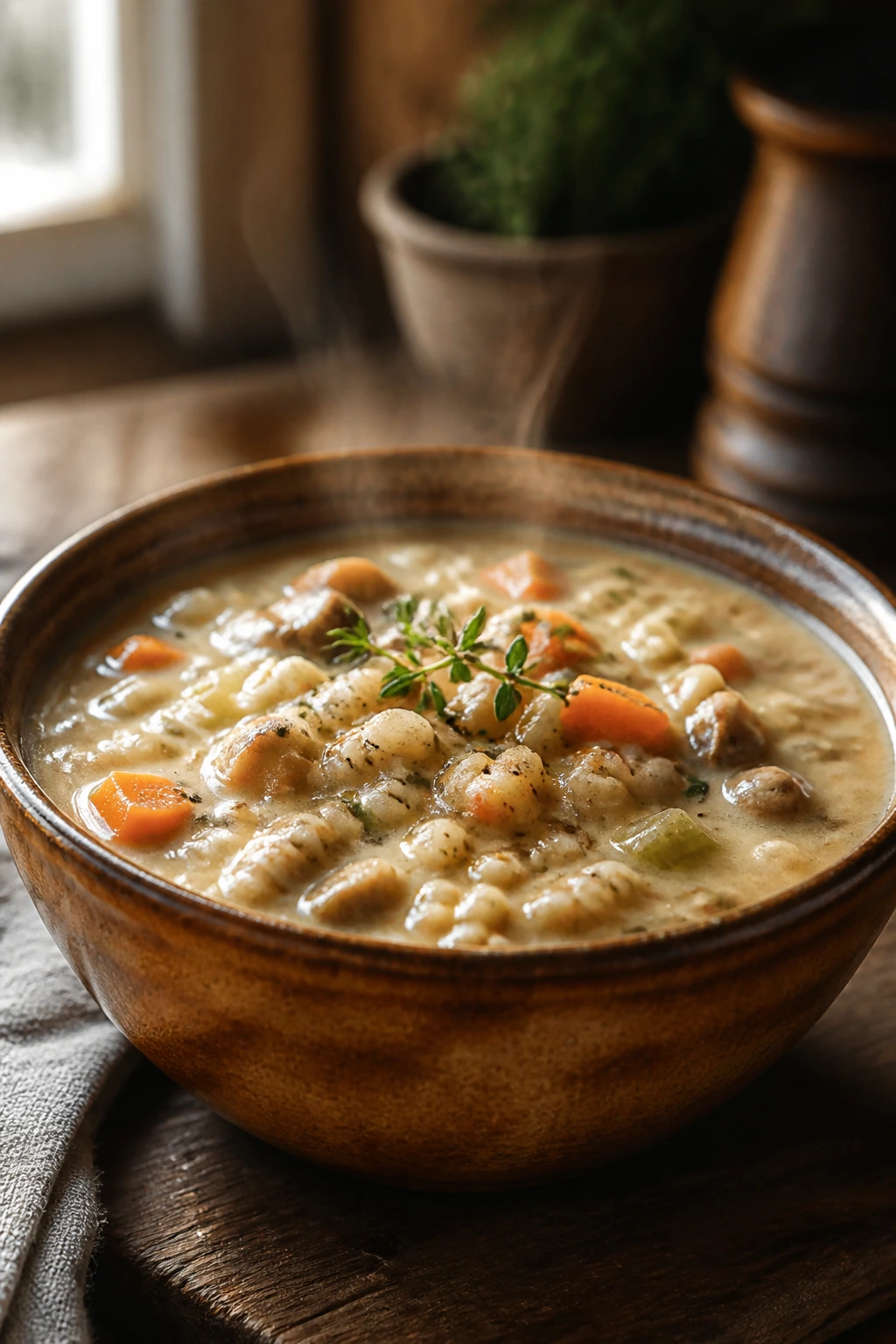 Close-up of a steaming bowl of creamy barley soup with barley and vegetables in velvety broth