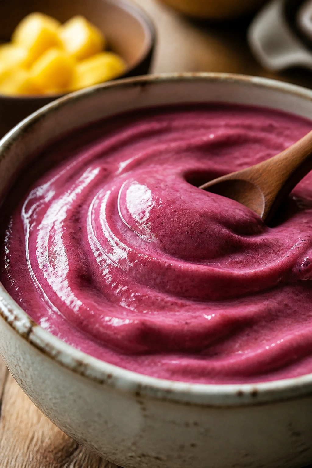 Glossy creamy smoothie bowl showcasing creamy binder texture