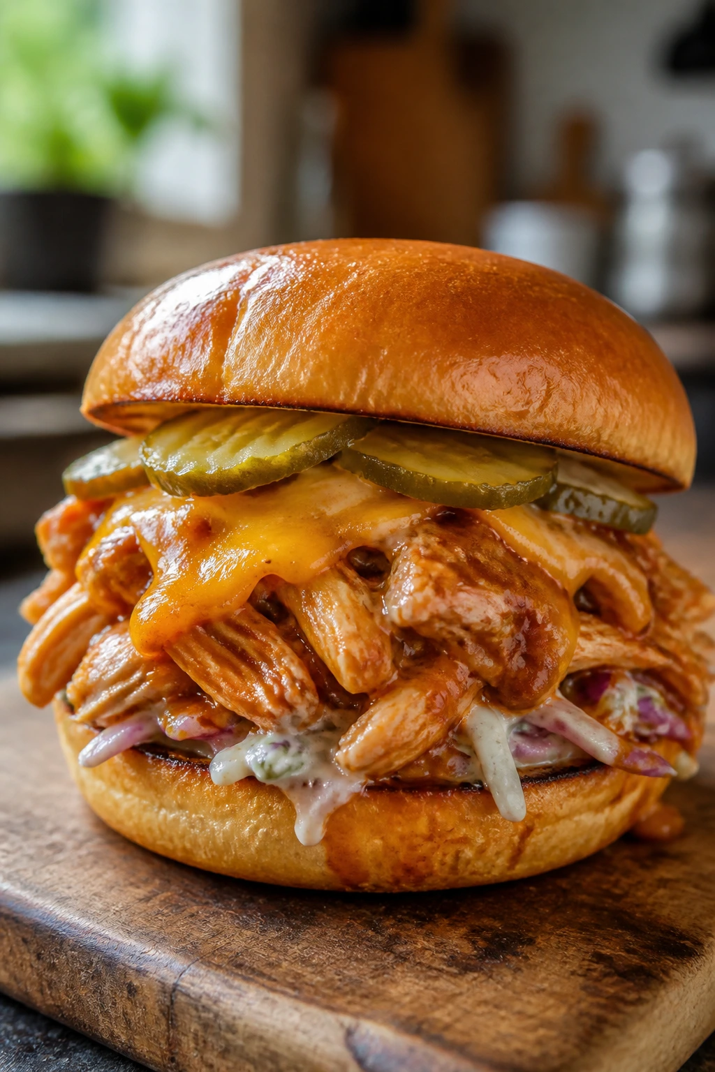 Close-up of a creamy BBQ chicken sandwich with cheddar, pickles, and cabbage on a wooden board