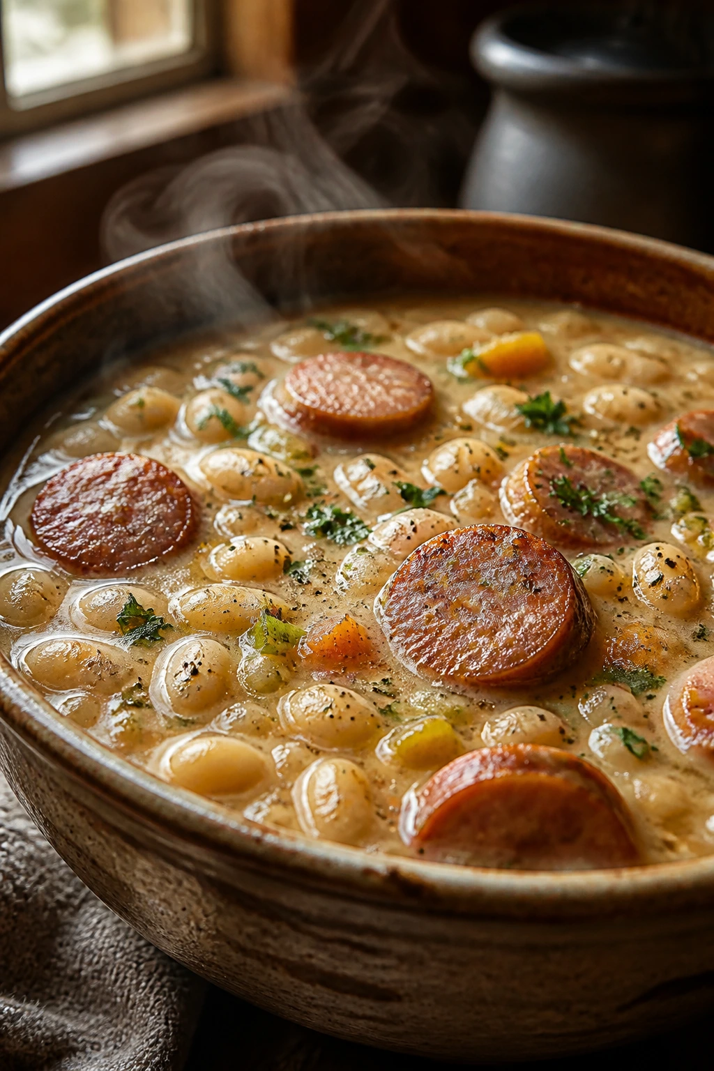 Close-up of steaming creamy soup with kielbasa in a rustic kitchen