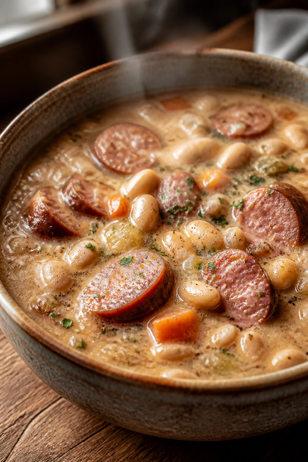 Steaming bowl of creamy bean soup with kielbasa in a rustic bowl