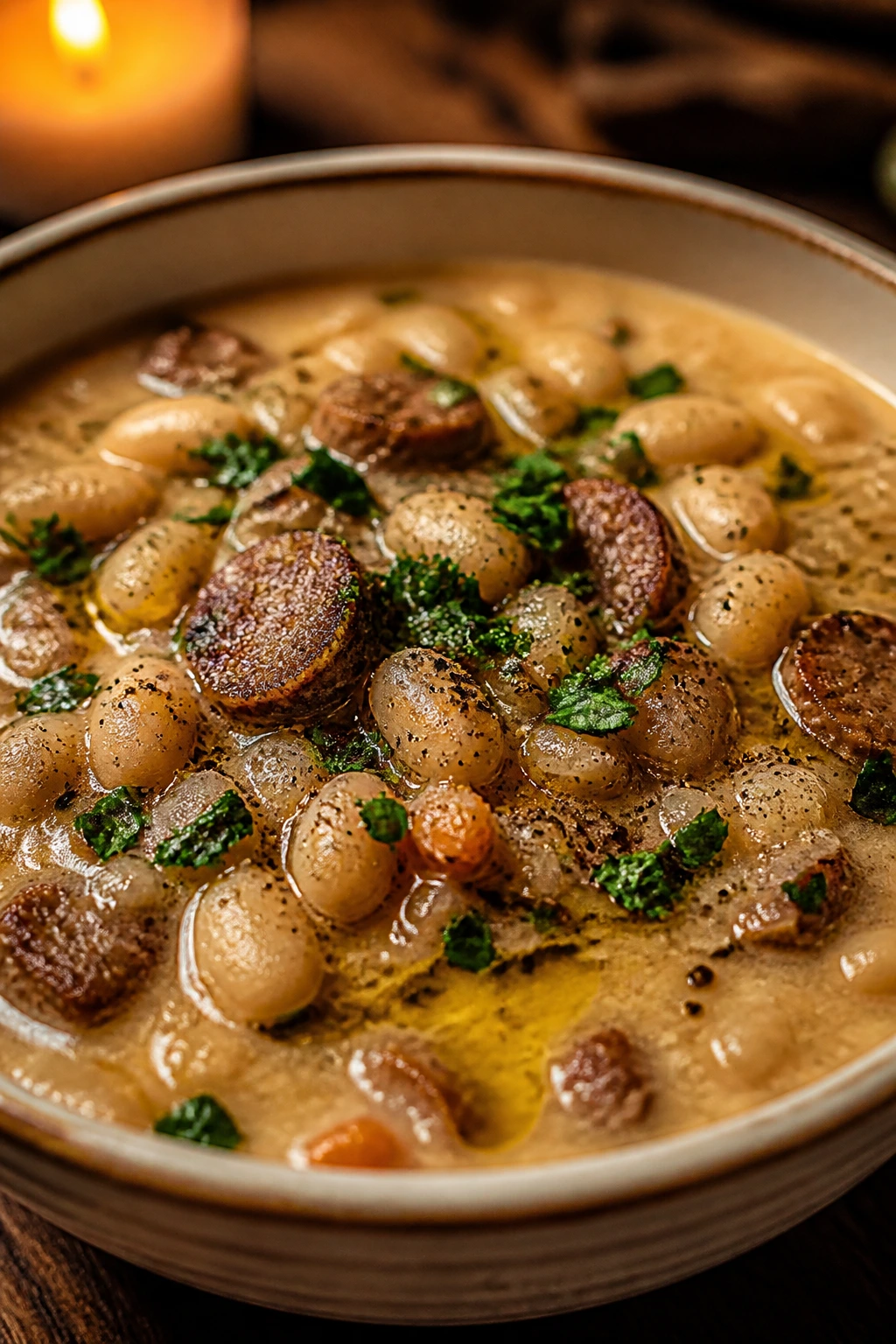 Creamy bean sausage soup served in a bowl with parsley on a warm table