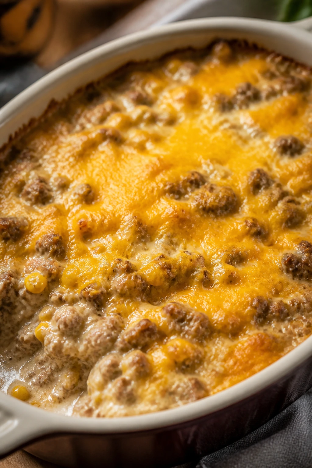 Creamy Beef and Corn Casserole in a baking dish with melted cheddar