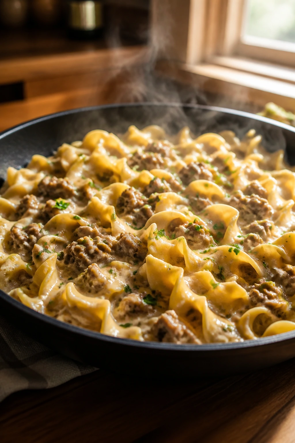 Creamy beef and egg noodles in a creamy sauce.
