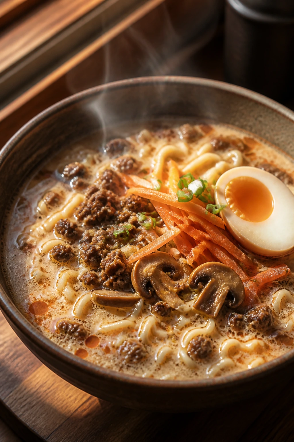 Steaming bowl of creamy beef ramen with egg and vegetables.
