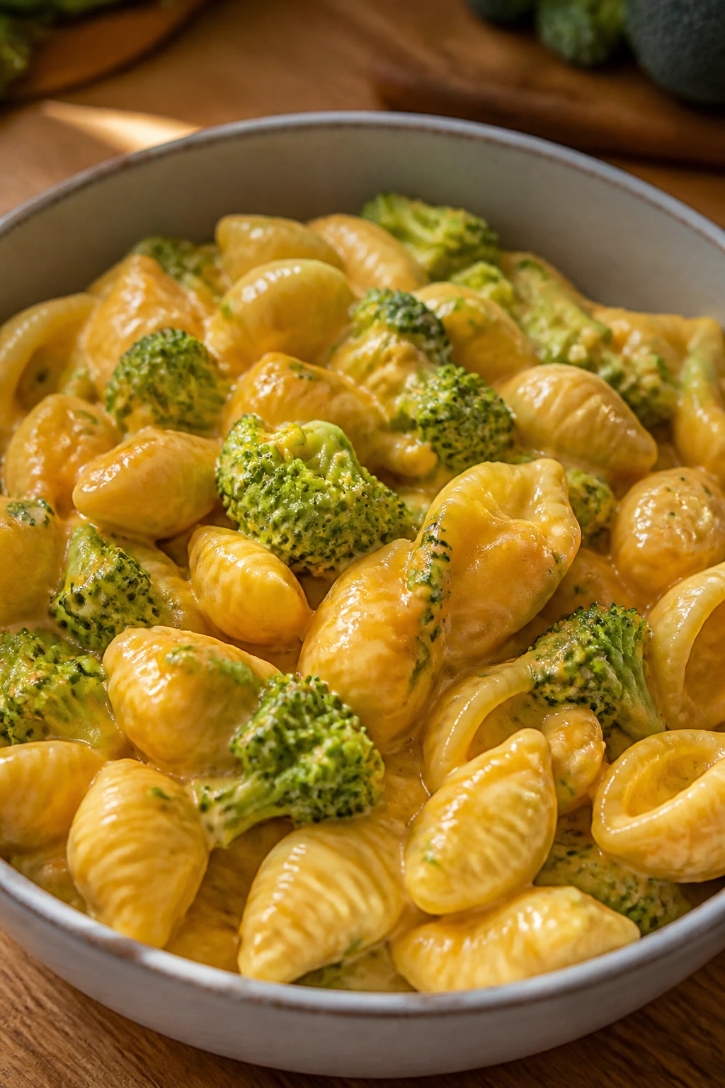Close-up of Creamy Broccoli Cheddar Pasta in a bowl with broccoli and cheddar sauce