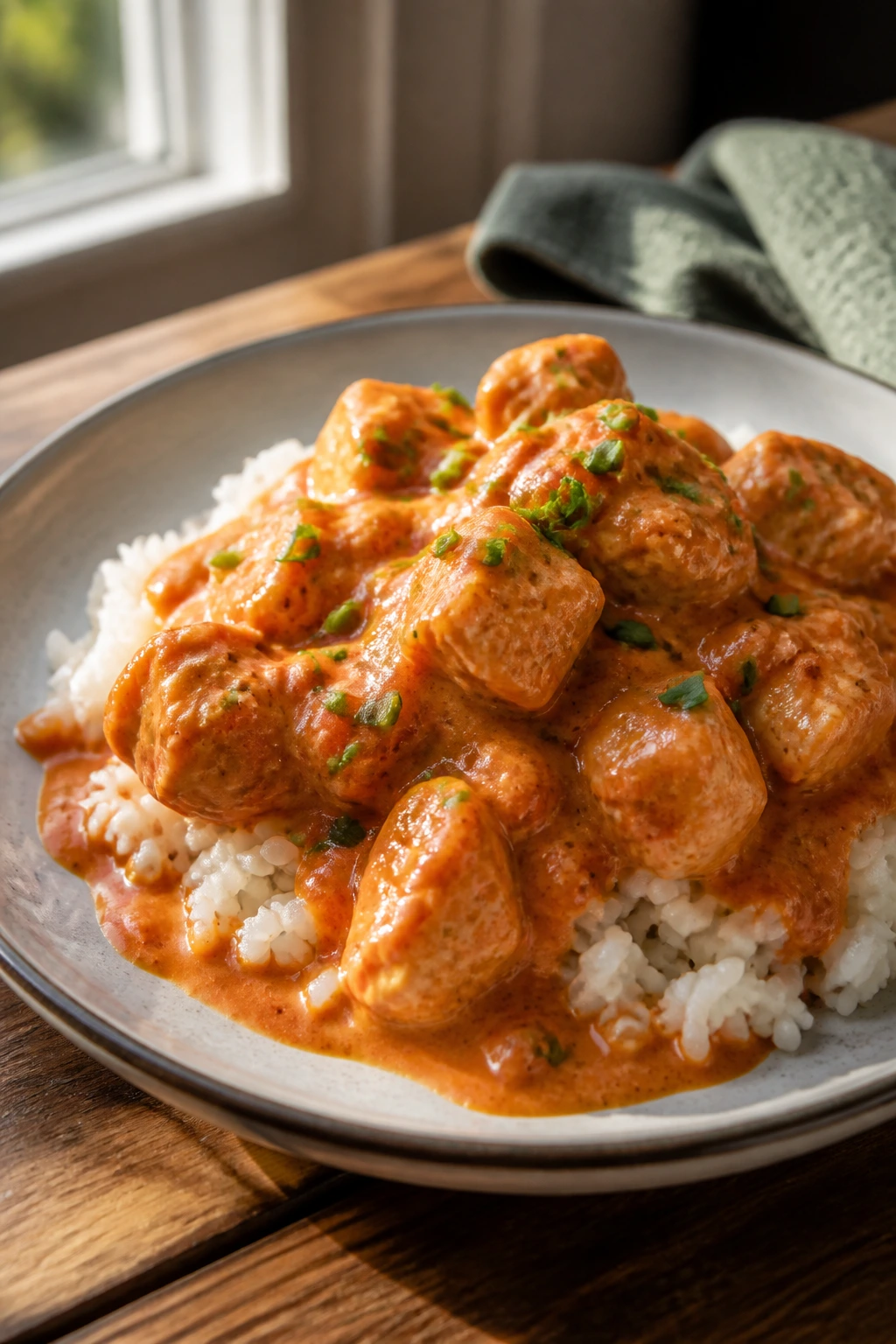 Plated creamy buffalo chicken over white rice with sauce pooling around edges and a chive garnish
