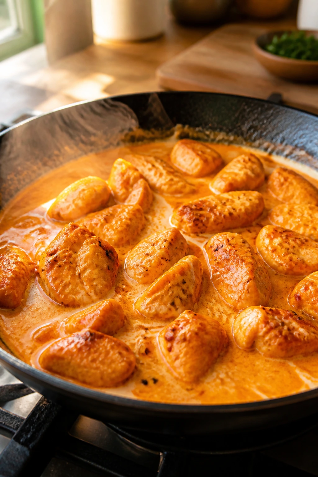 Close-up of creamy buffalo chicken in a skillet with glossy sauce