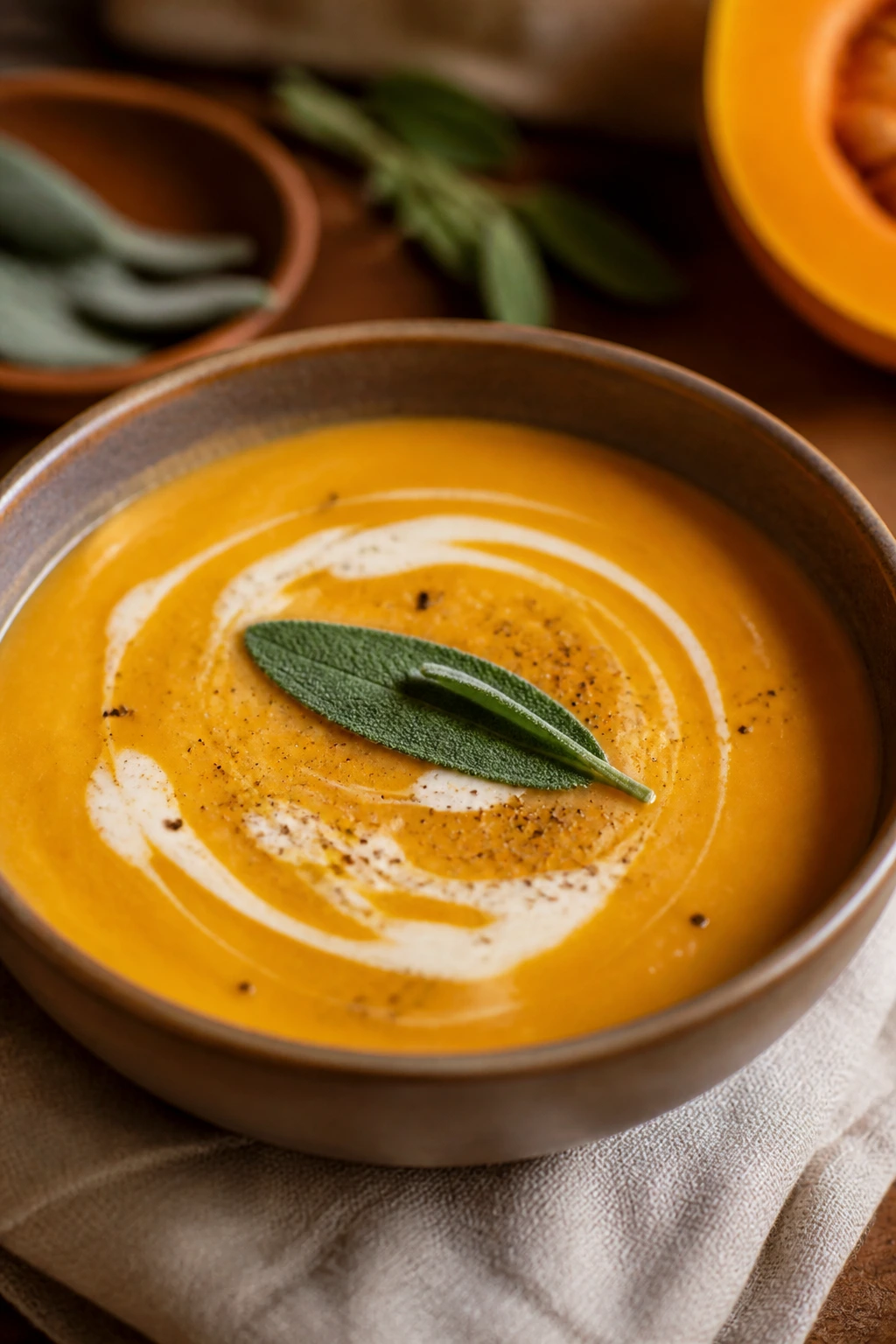 Creamy butternut squash soup with cream swirl and sage