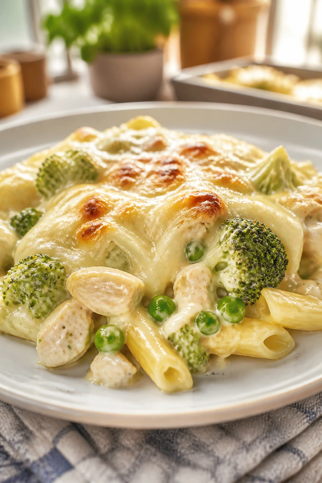 Creamy casserole portion on plate with broccoli in bright kitchen
