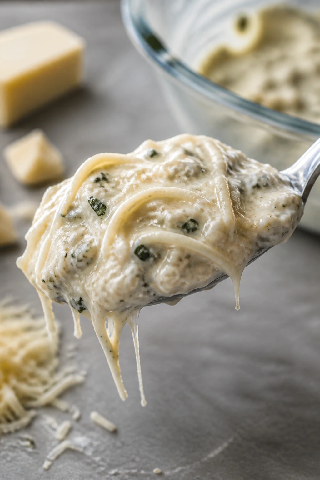 Spoonful of creamy cheese filling with mozzarella and Parmesan
