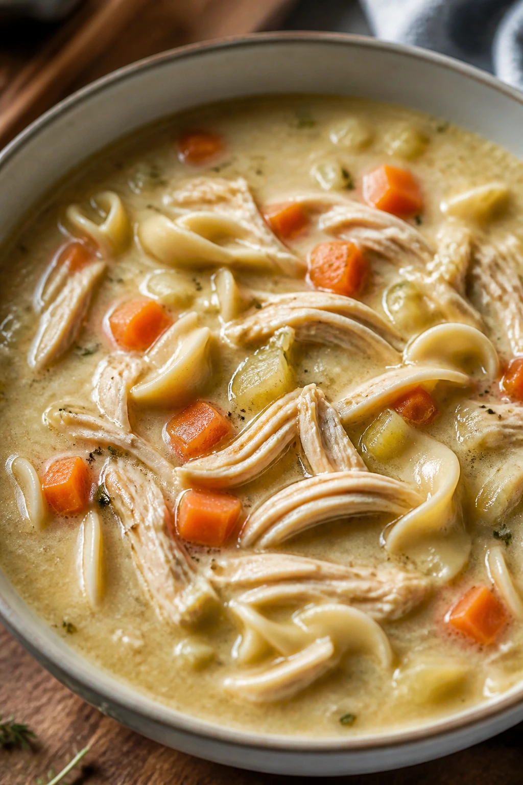 Close-up of creamy chicken noodle soup in a bowl filling the frame
