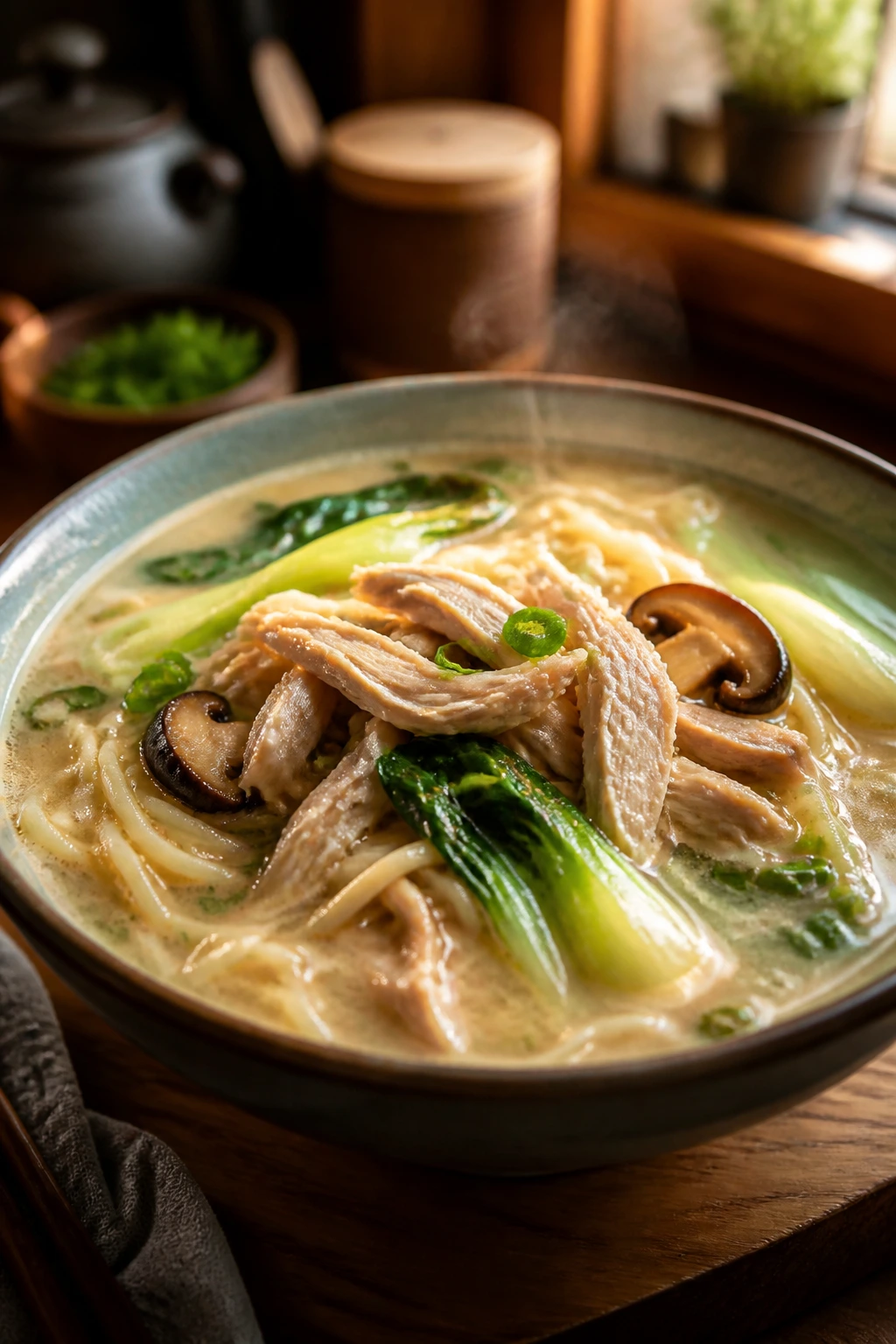 Steaming bowl of creamy chicken noodle soup on a cozy kitchen counter