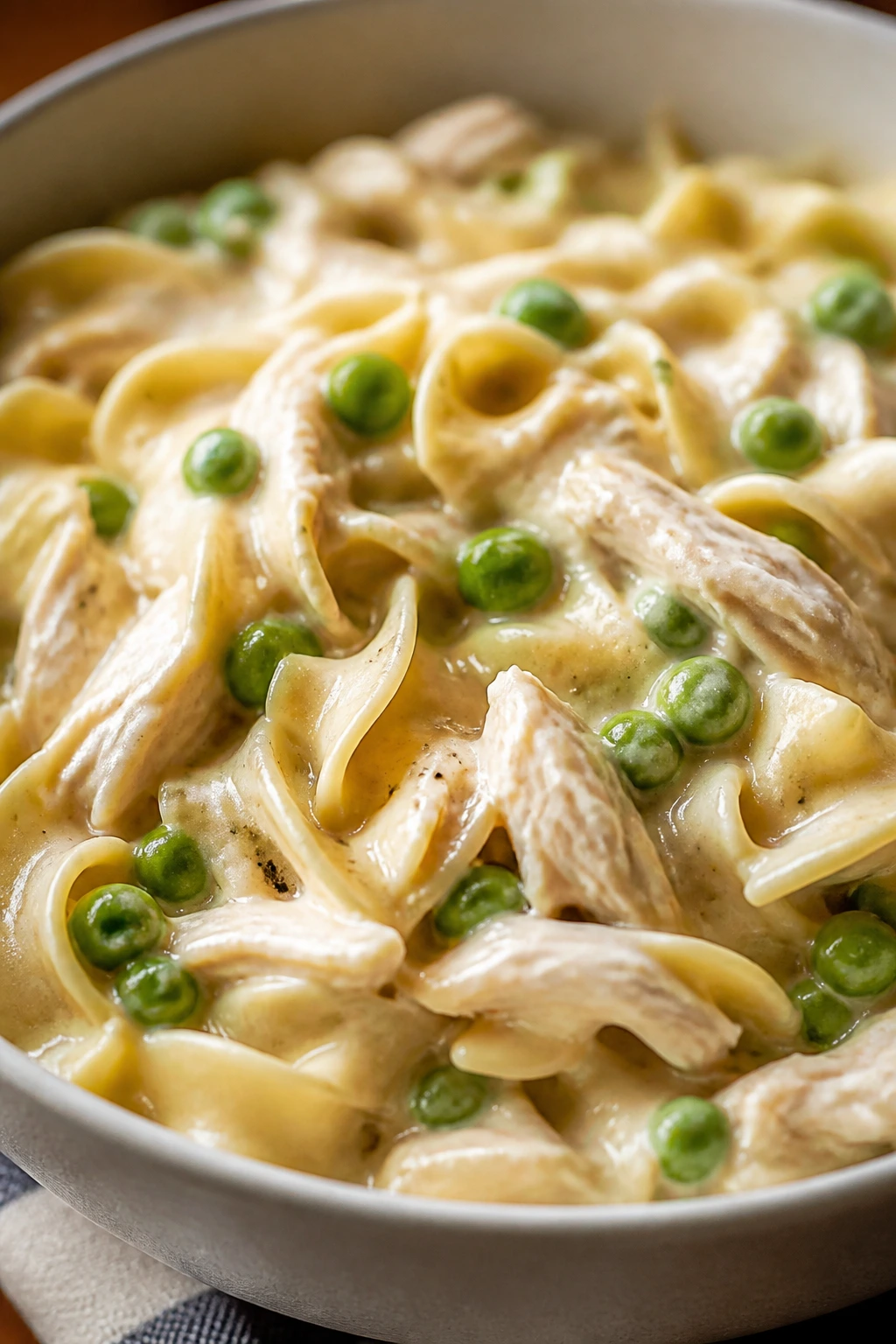 Close-up of creamy chicken and noodles in a bowl with chicken pieces