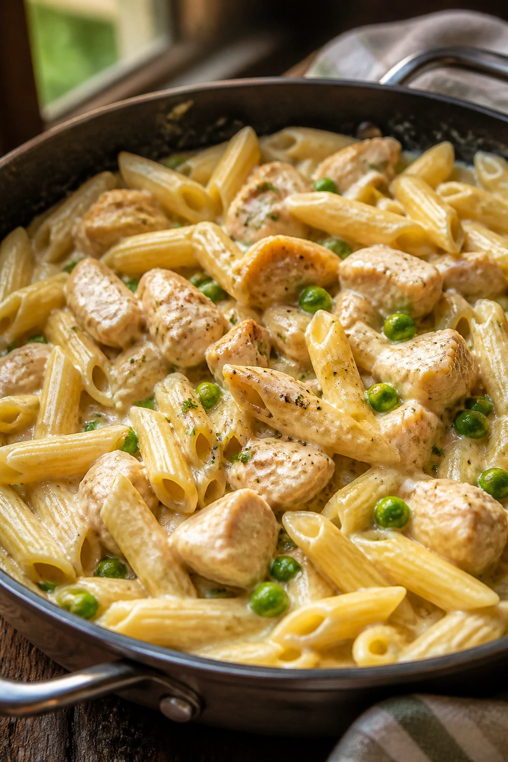 Creamy chicken pasta in a single skillet with chicken pieces and peas