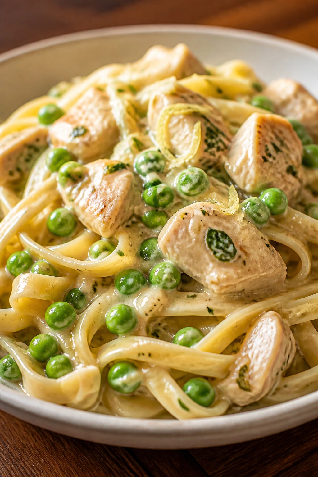 Creamy chicken pasta with peas in a shallow bowl