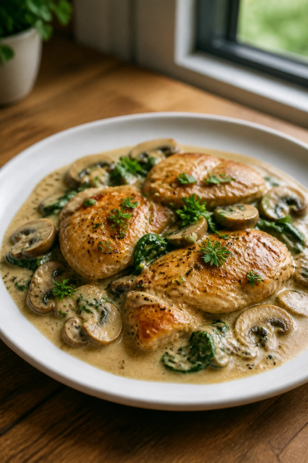 Creamy chicken plated simply with mushrooms and spinach visible