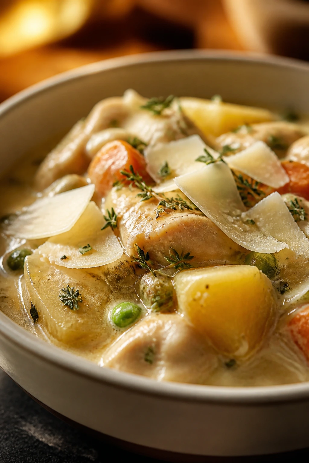Creamy chicken pot in a bowl with parmesan shavings on top