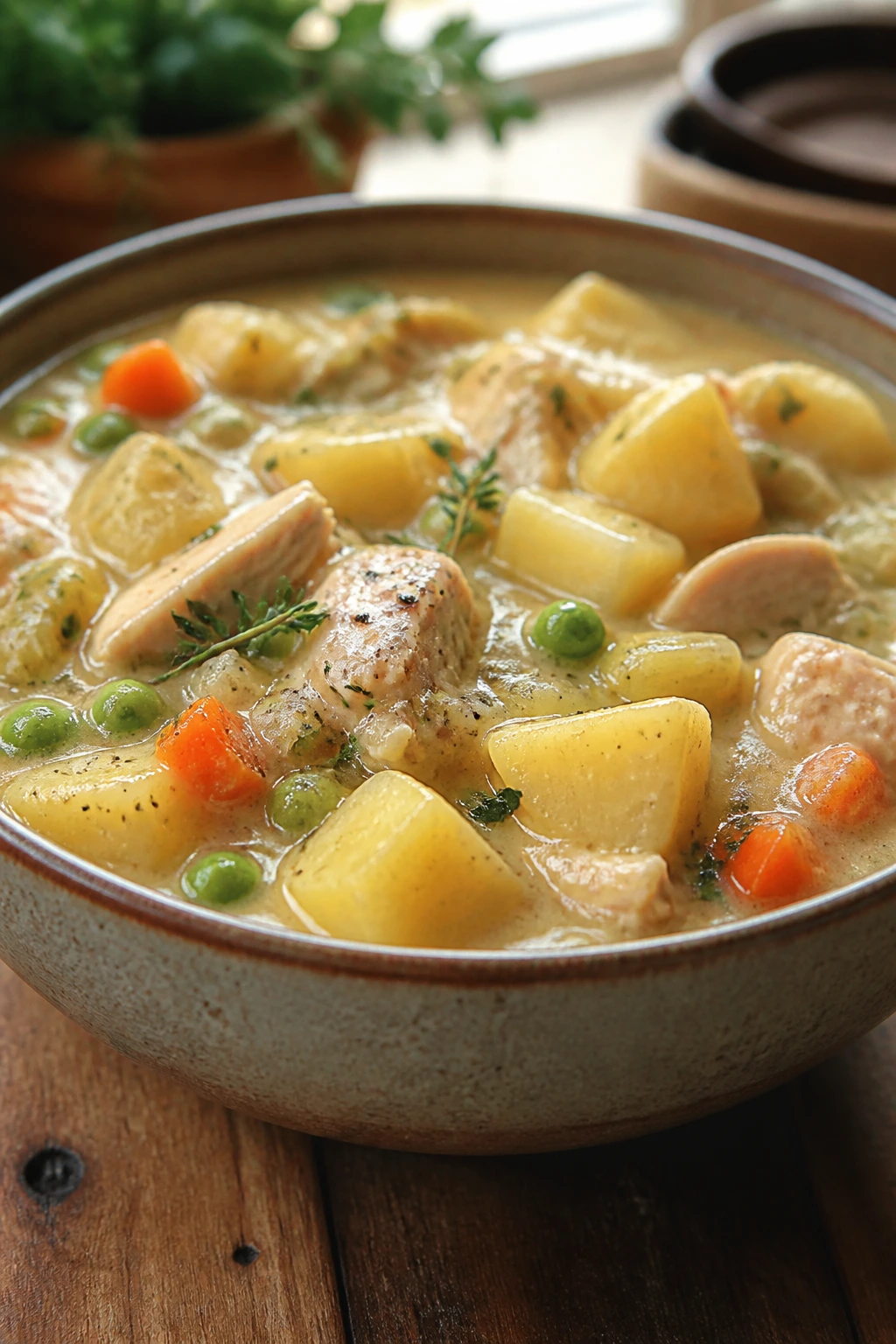 Close-up of creamy chicken pot in a rustic bowl with chicken and potatoes