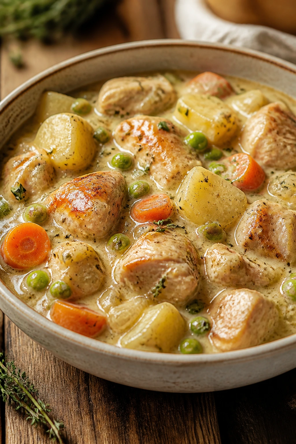 Close-up of creamy chicken pot bowl with vegetables