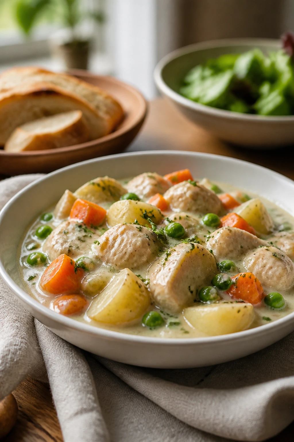 Creamy chicken pot served in a shallow bowl with vegetables and sauce