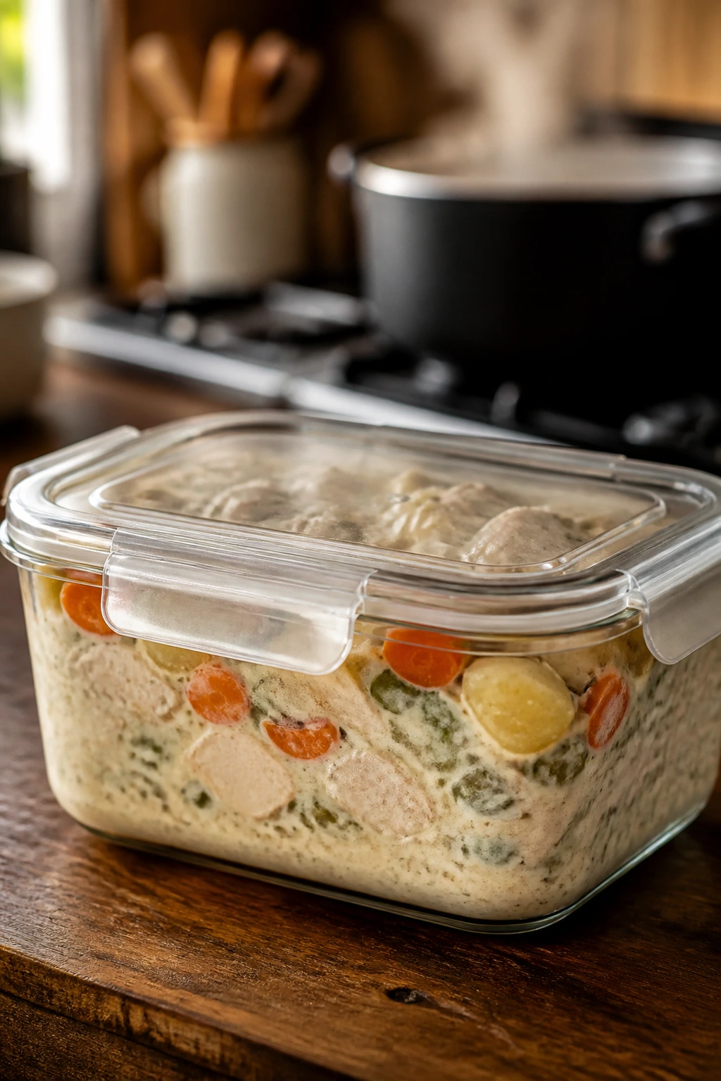 Glass storage container of creamy chicken pot on kitchen counter, illustrating storage and reheating leftovers