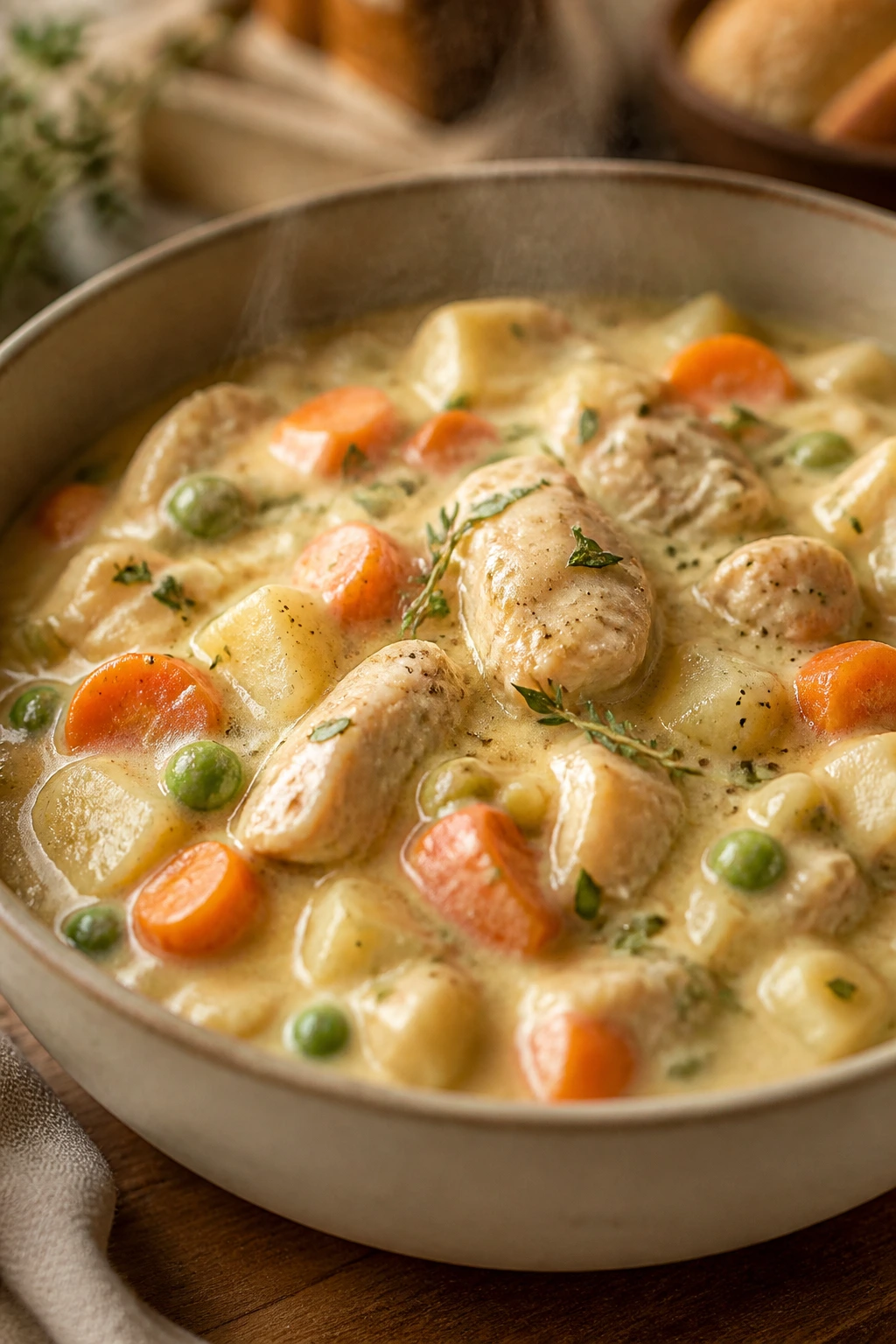 Steaming bowl of creamy chicken pot in a warm kitchen