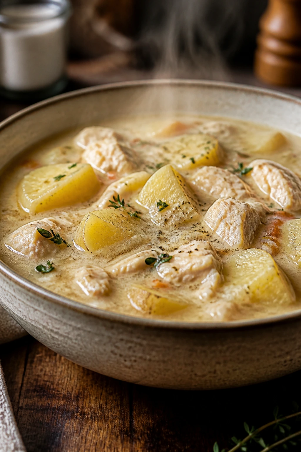Close-up of creamy chicken and potato soup in a bowl on a wooden table