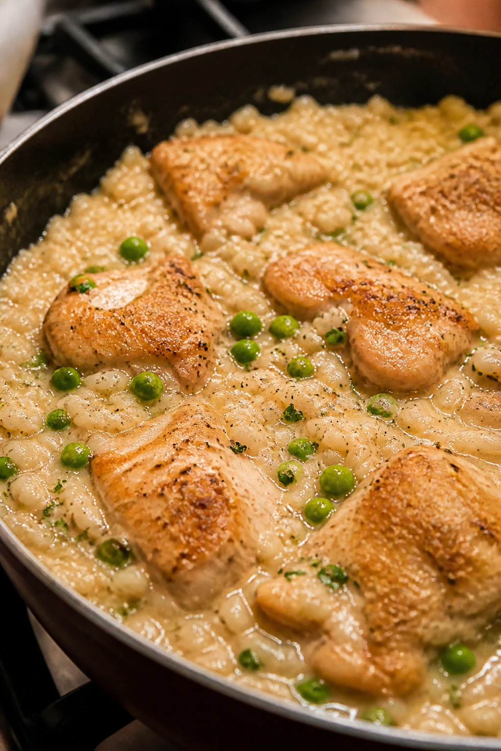 Close-up of creamy chicken and rice skillet with chicken and peas in a silky sauce.