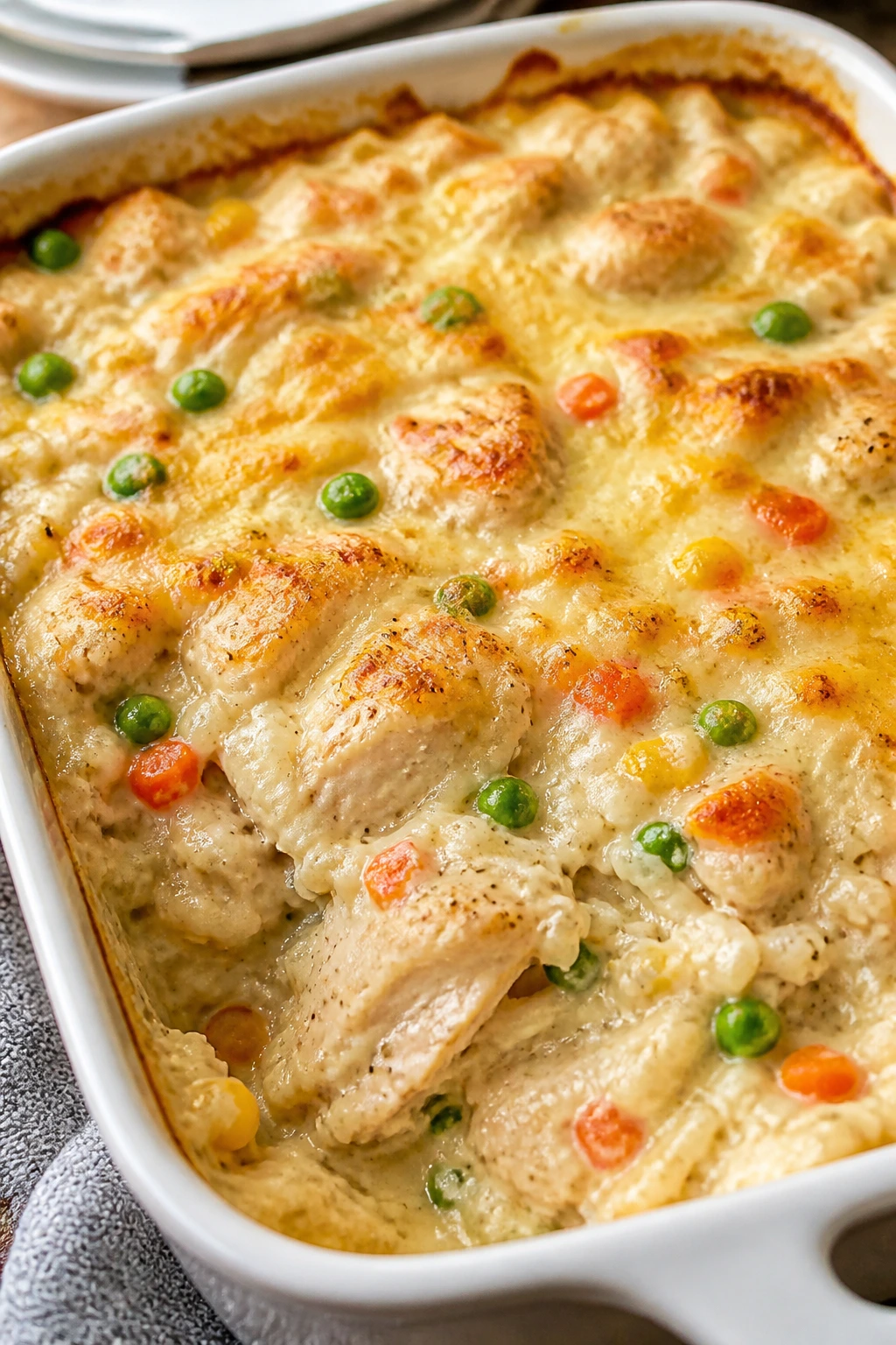 Close-up of creamy chicken and rice casserole with melted cheese on top