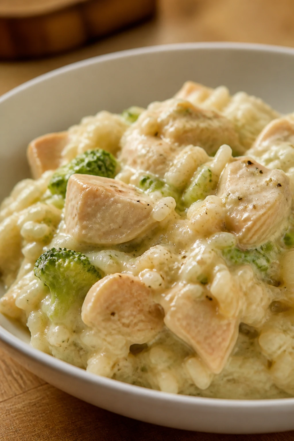 Creamy chicken and rice casserole portion in a shallow bowl.