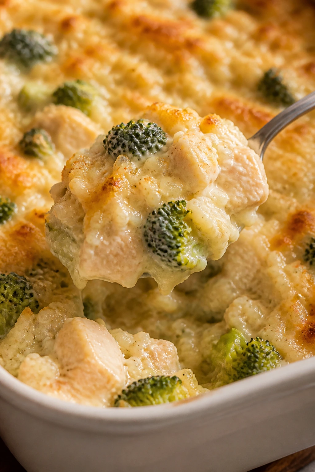 Creamy chicken and rice casserole scoop with broccoli