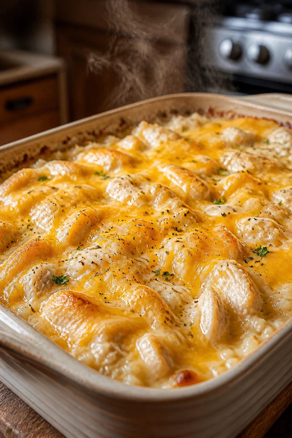 Close-up of creamy chicken and rice casserole in a baking dish
