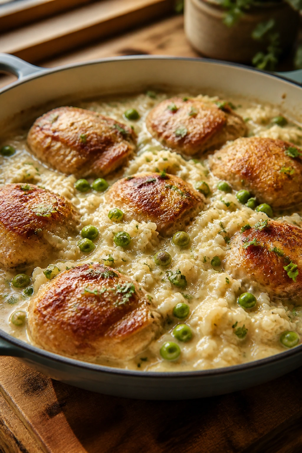 Close-up of creamy chicken and rice in a skillet with peas and parsley in a warm kitchen