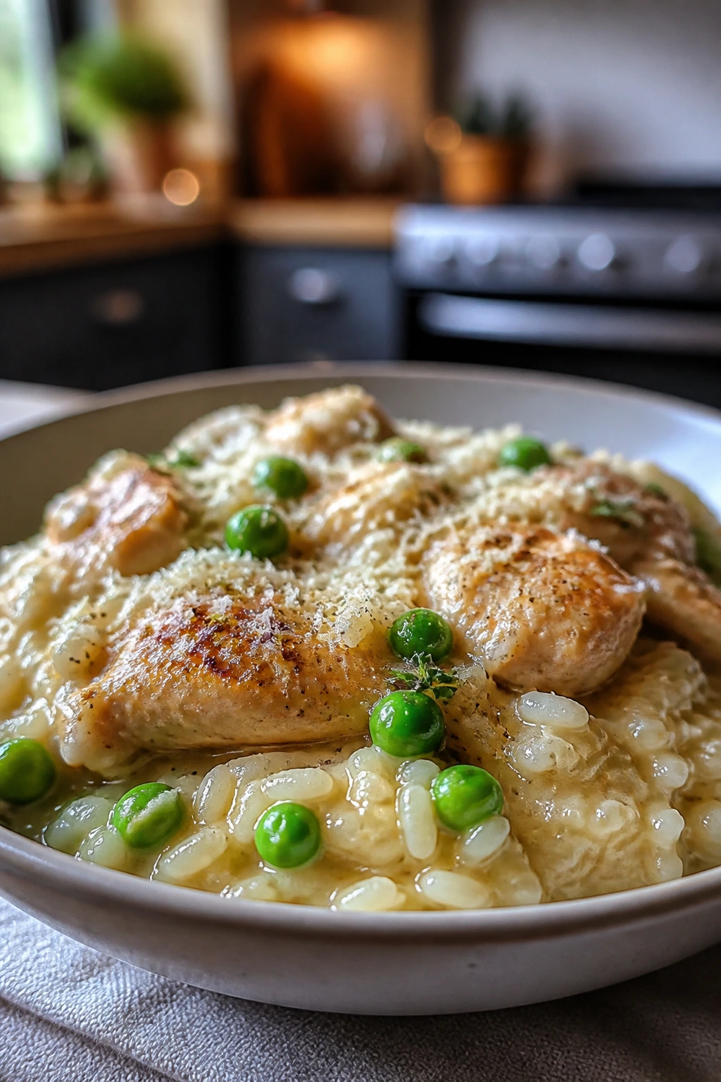 Creamy chicken and rice plated with peas in a cozy home kitchen