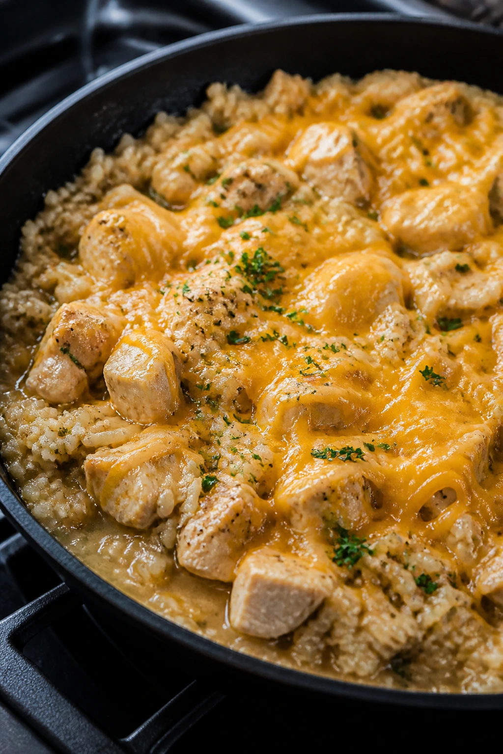 Creamy chicken and rice skillet with melted cheddar on top