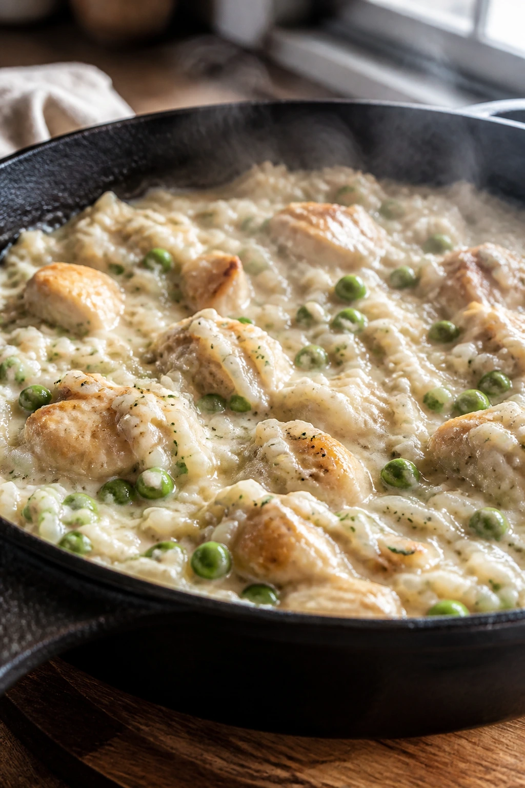 Close-up of creamy chicken and rice skillet on a wooden kitchen counter