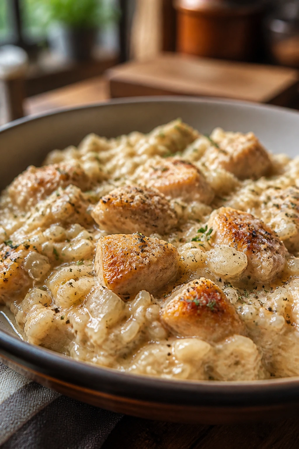 Creamy chicken and rice in a shallow bowl with browned chicken in a warm kitchen