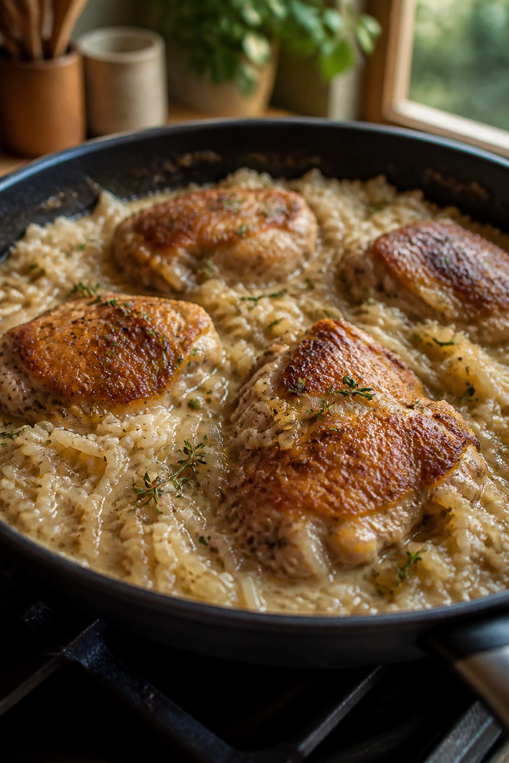 Creamy chicken and rice in a skillet showing browned edges and distinct grains