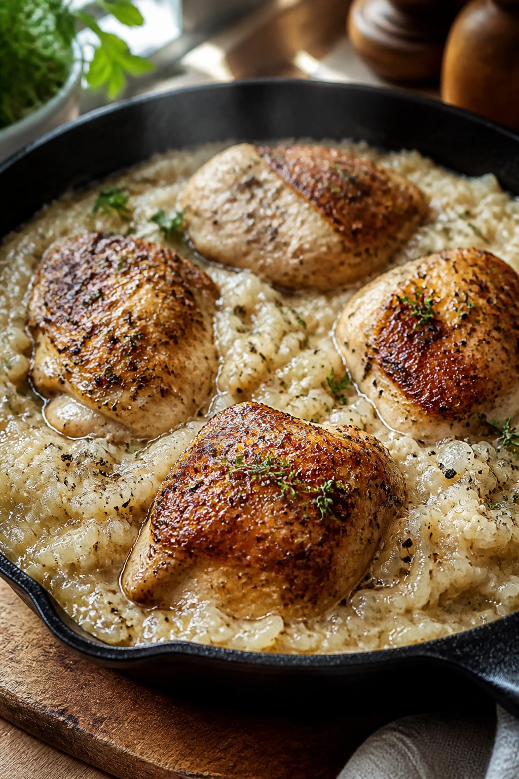 Close-up of creamy chicken and rice in a skillet with browned chicken on top