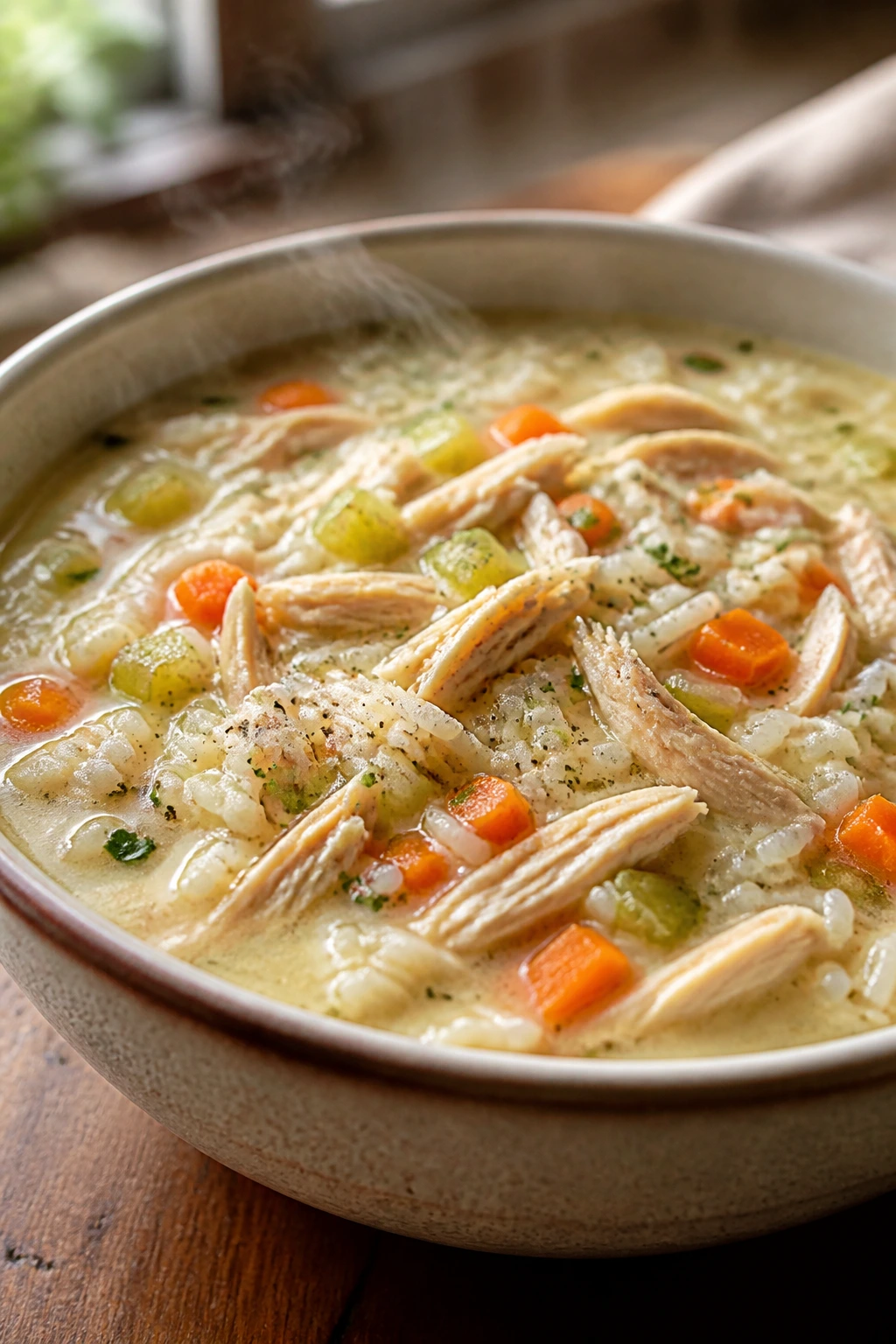 Close-up of creamy chicken and rice soup in a bowl with rice and vegetables
