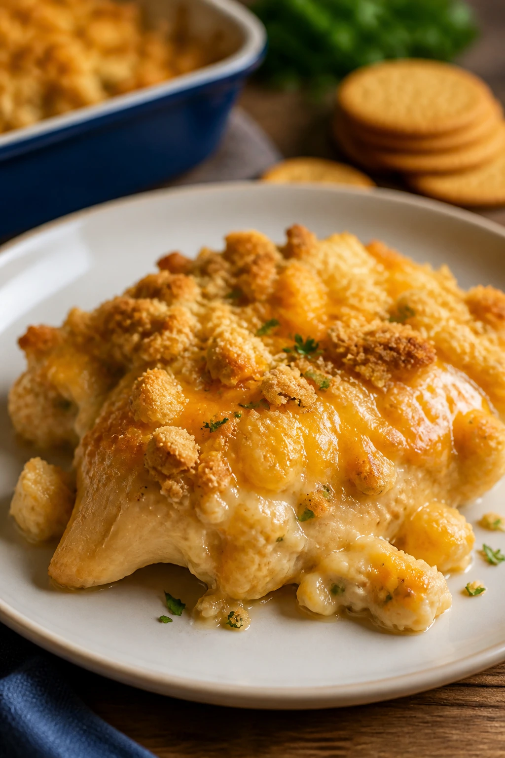 Creamy Chicken Ritz cheddar melt with cheese visible on top