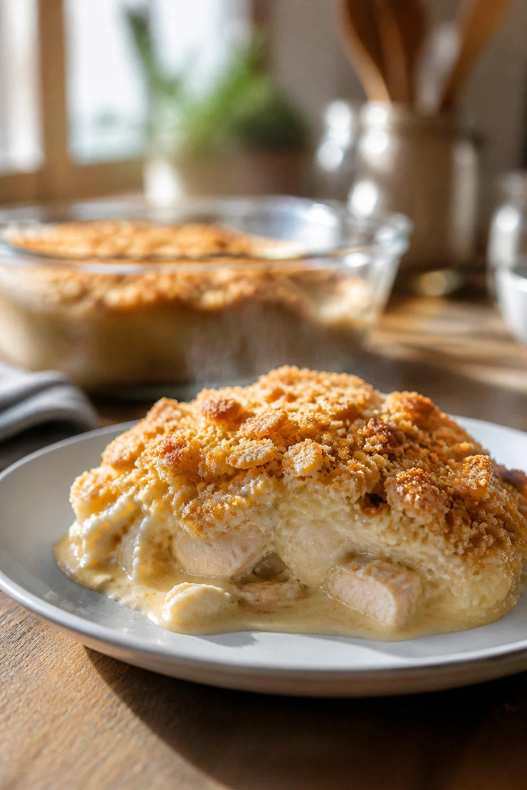 Close-up of creamy chicken ritz plated with golden cracker crust in a cozy kitchen